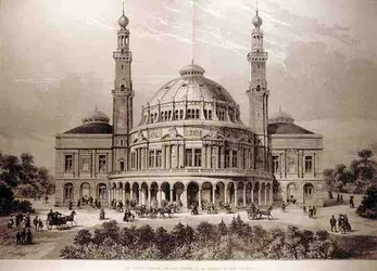 Peoples Palace för östra London, som ska uppföras i Mile End Road, från The Illustrated London News, 26 juni 1886